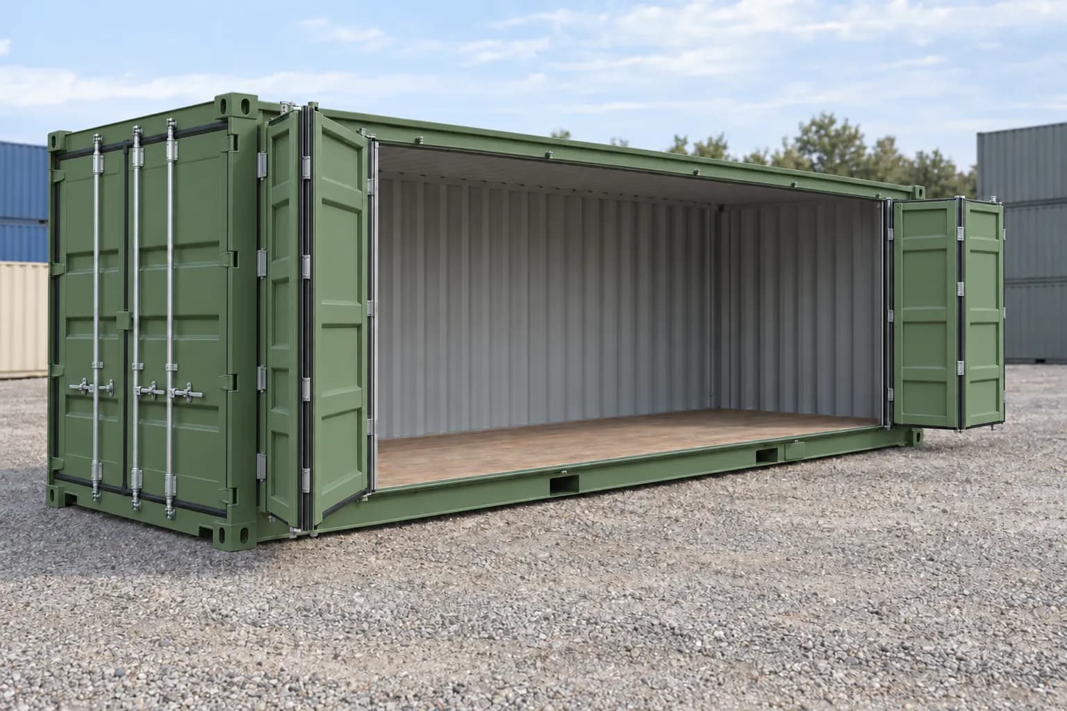 Kontejner 20 stop Open Side — po první cestě rezedová zelená RAL 6011
