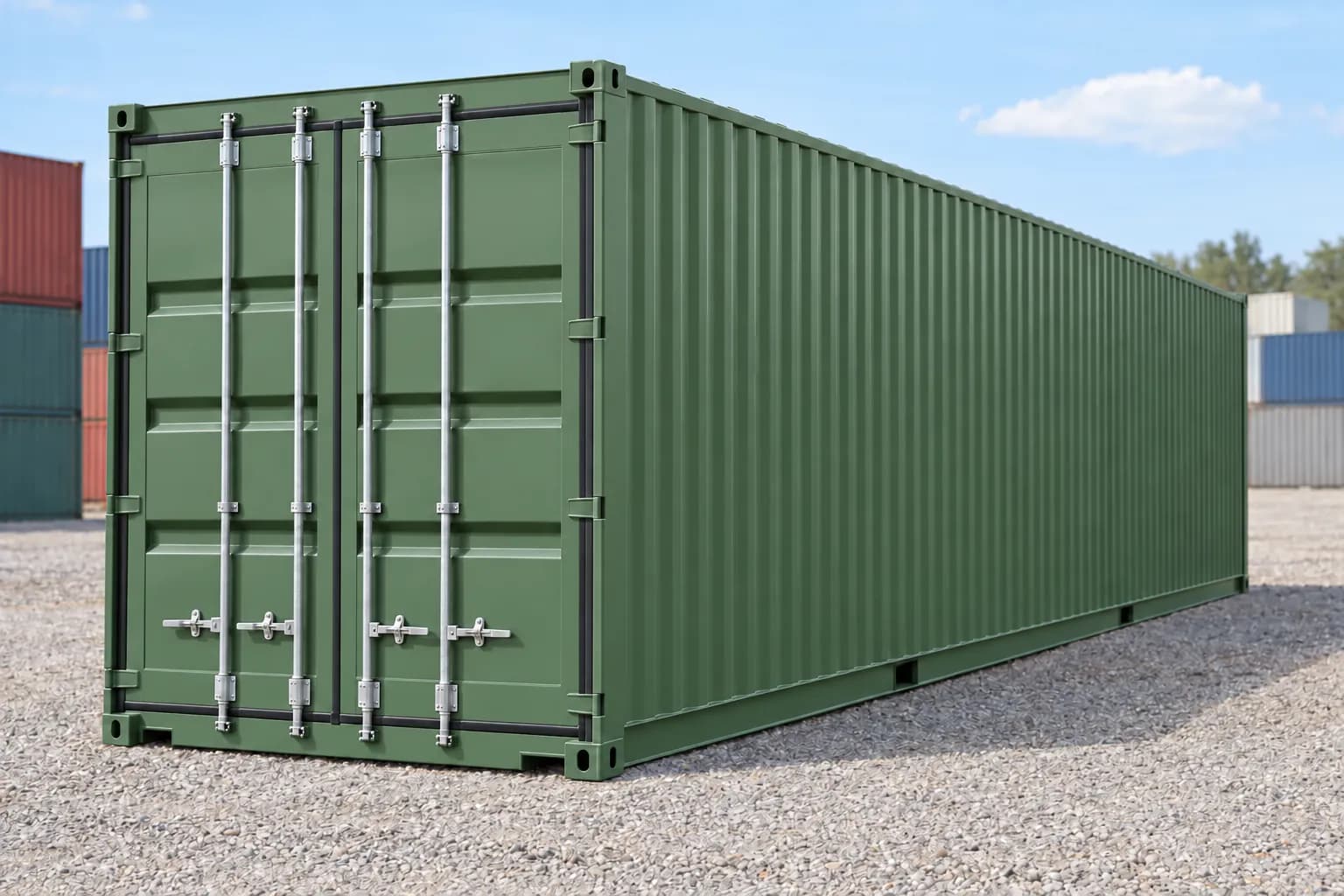 Kontejner 40 stop High Cube — po první cestě rezedová zelená RAL 6011