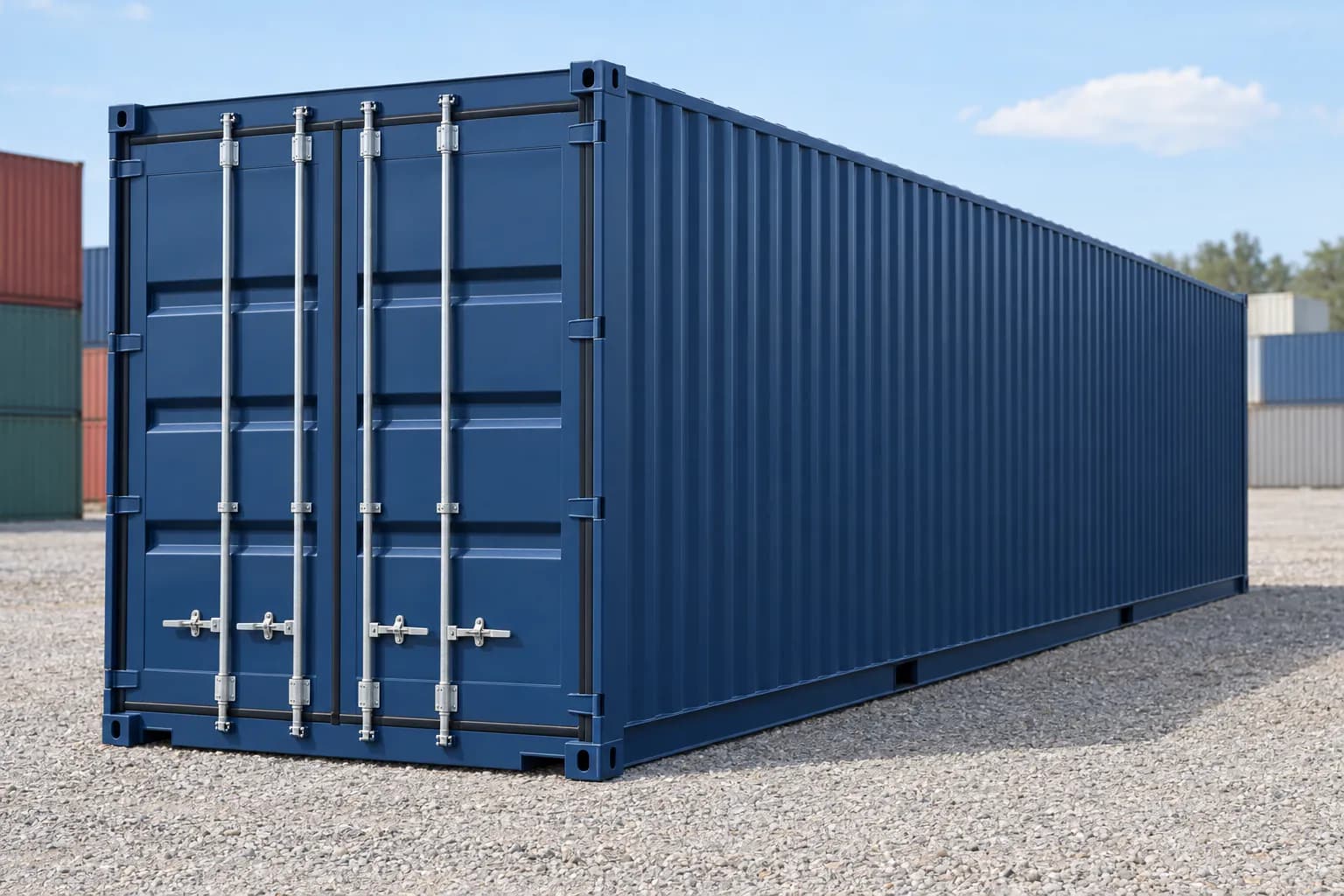 Konténer 40 láb High Cube, egyutas, háromnegyedes nézet