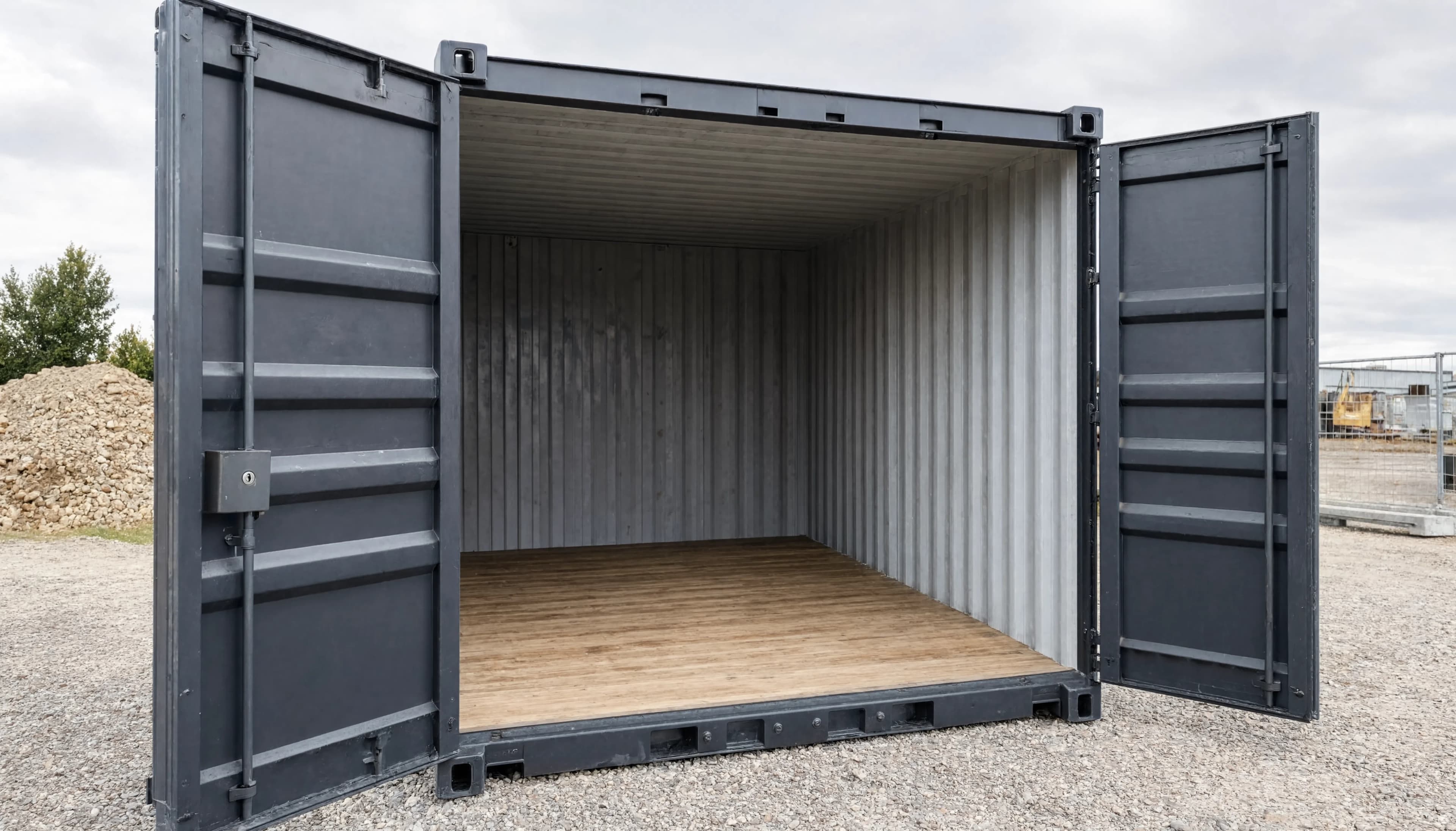 Ilustrație a unui container cu ușa deschisă, cu podeaua și pereții vizibili