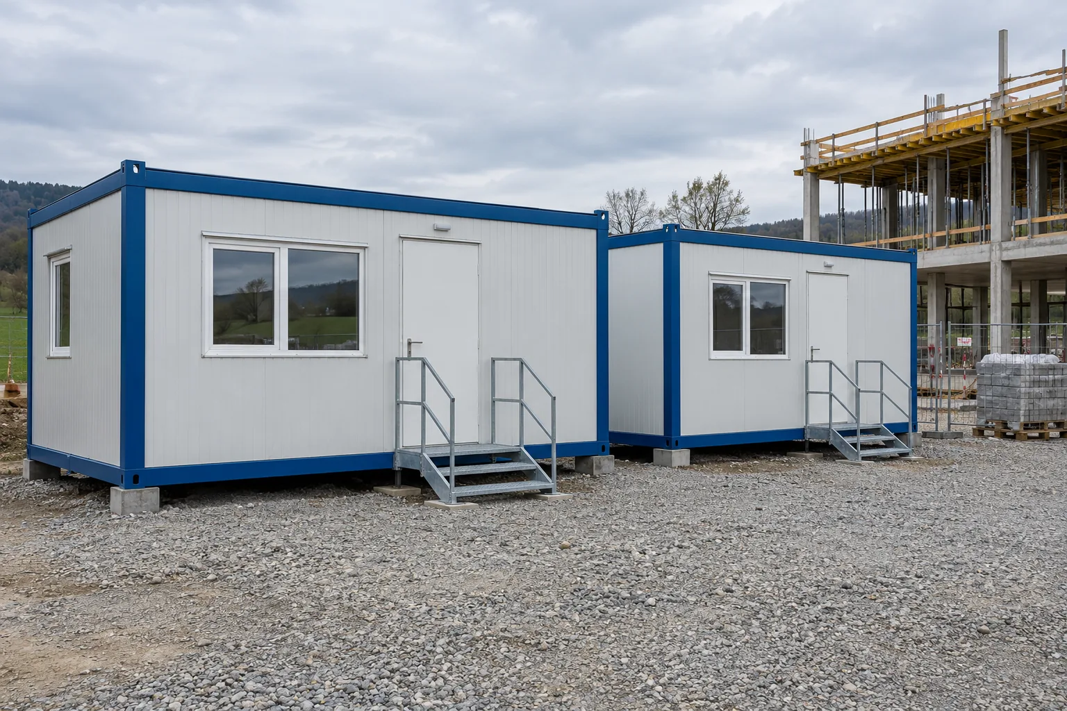 Moduly zázemí umístěné v blízkosti staveniště.