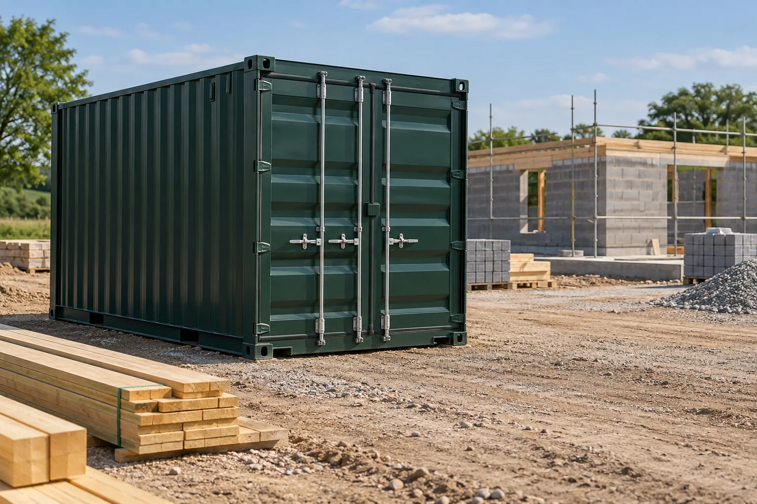 Un container de depozitare situat pe șantier.