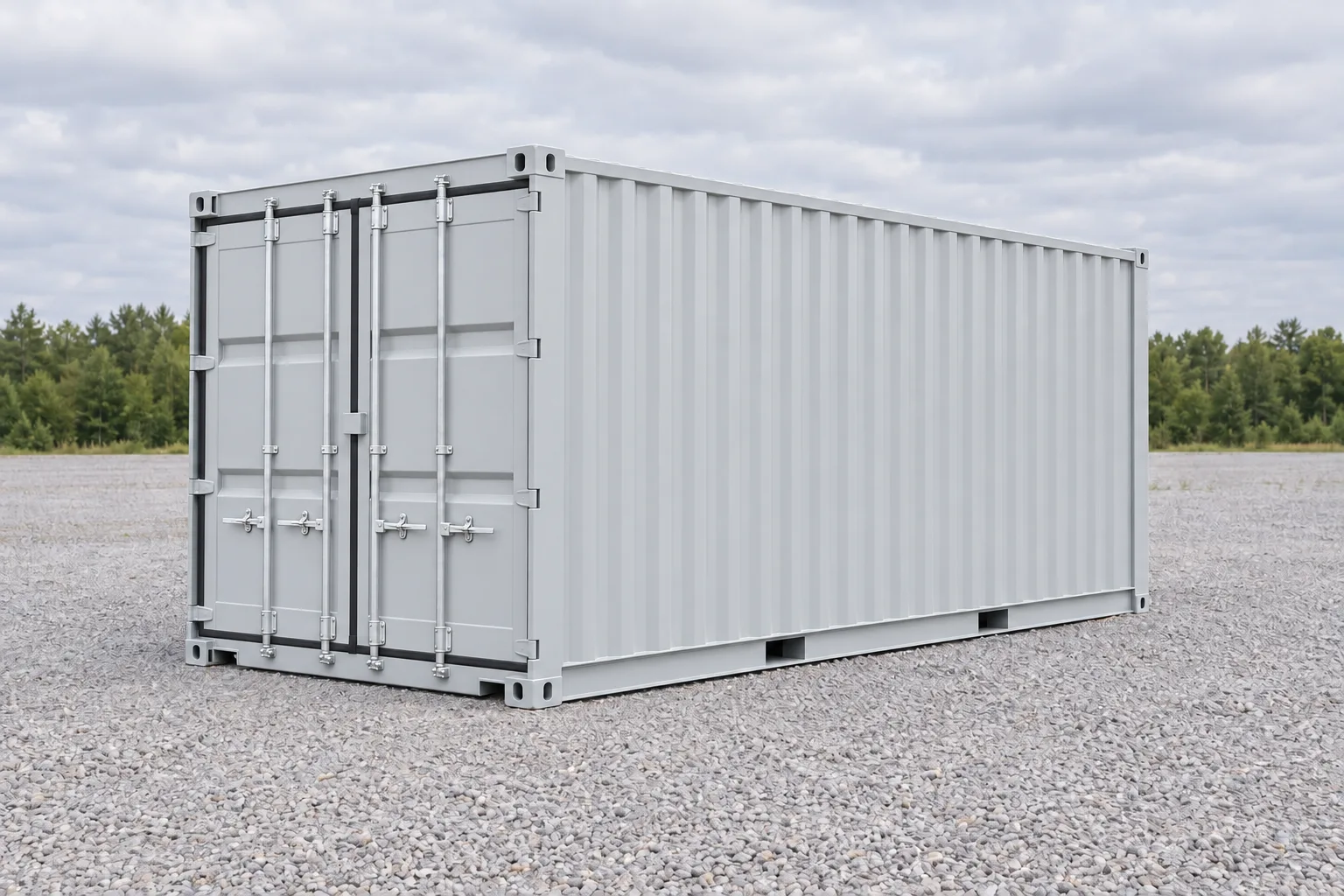 Container maritim one-trip, cu ușile închise, vedere exterioară. Dimensiuni indicate: înălțime 2,59 m, lățime 2,44 m, lungime 6,06 m